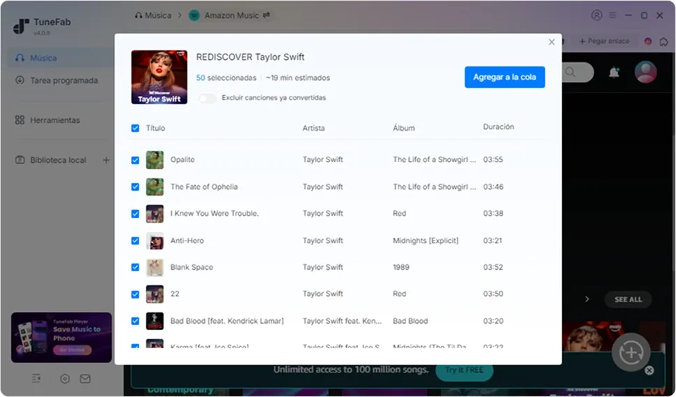Selección de playlist de Amazon para descargar