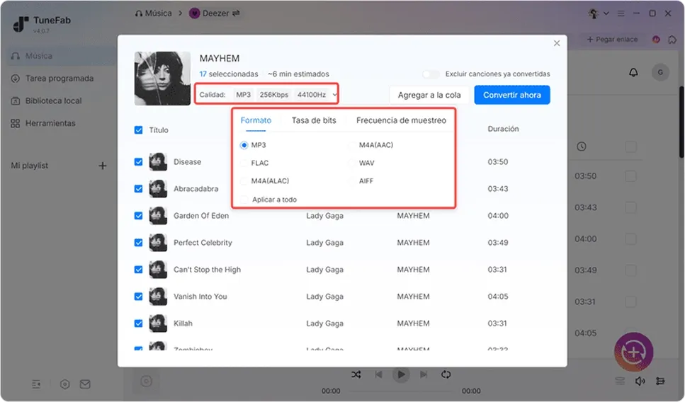 Convertir música de Deezer a MP3 con selección de formato