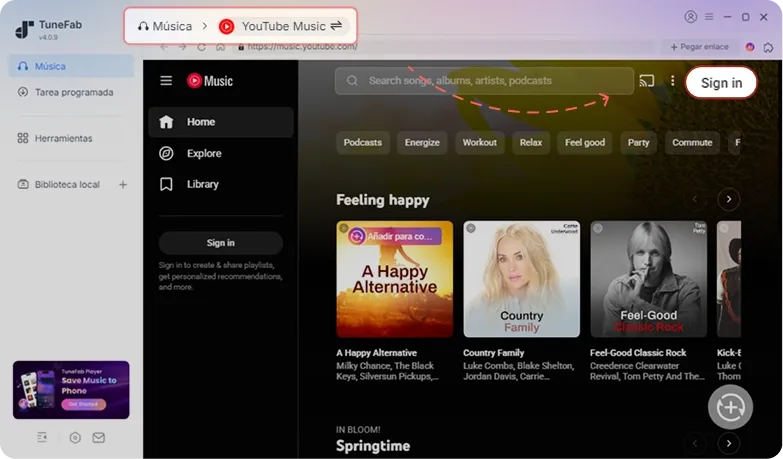 Inicio de sesión en YouTube Music dentro de TuneFab