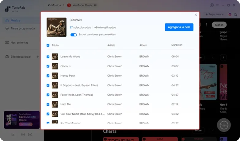 Selección de música de YouTube Music para descargar