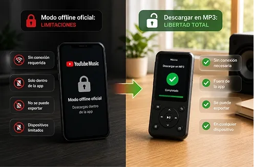 Diferencia entre el modo offline oficial y descargar música en MP3