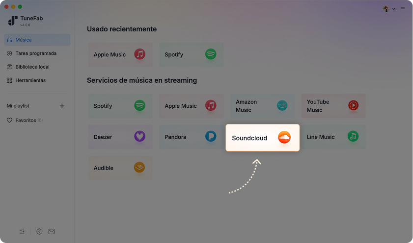 Selecciona SoundCloud e inicia sesión
